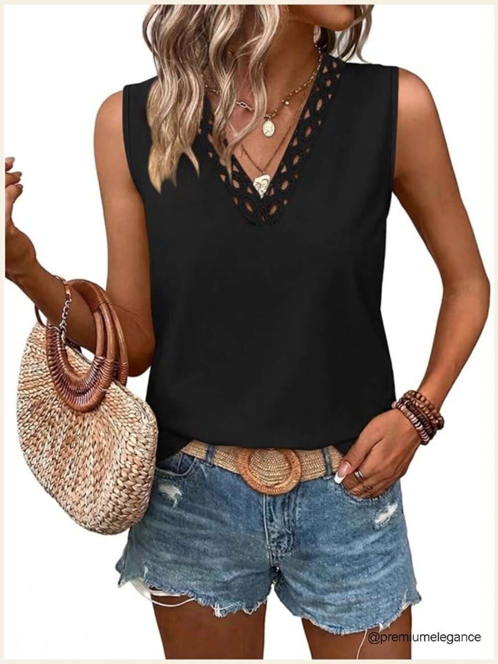 Lace V Neck Tank Top Sleeveless Sheer Boho Summer Vacation Beach Outfit Top